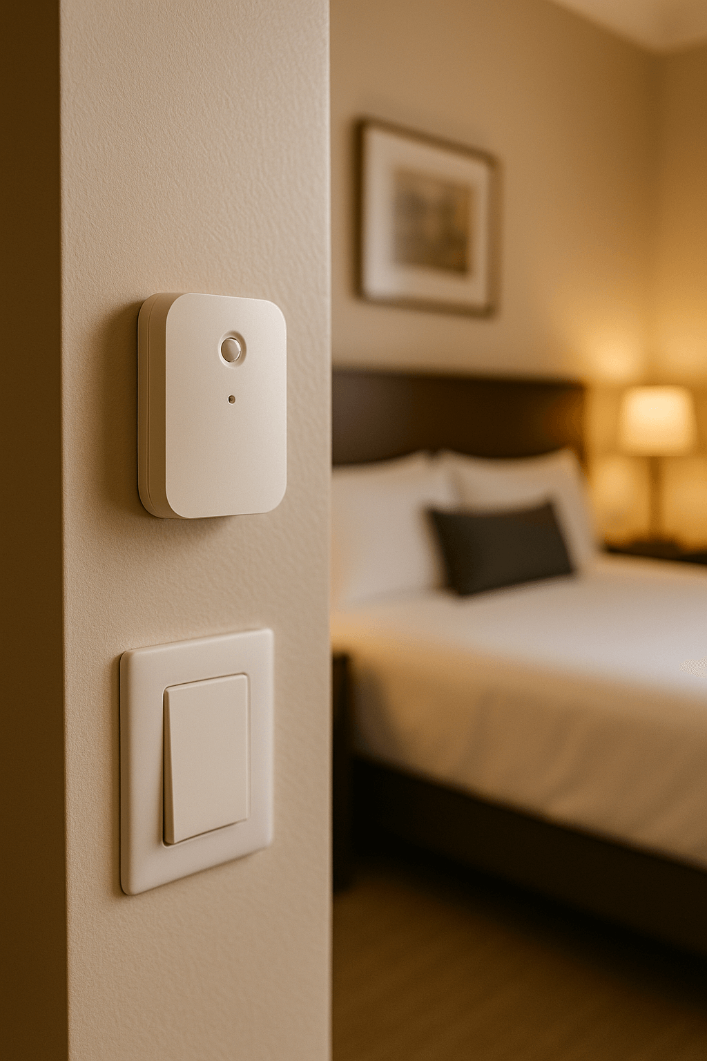 Habitación de hotel con sensores domóticos discretos instalados cerca del interruptor