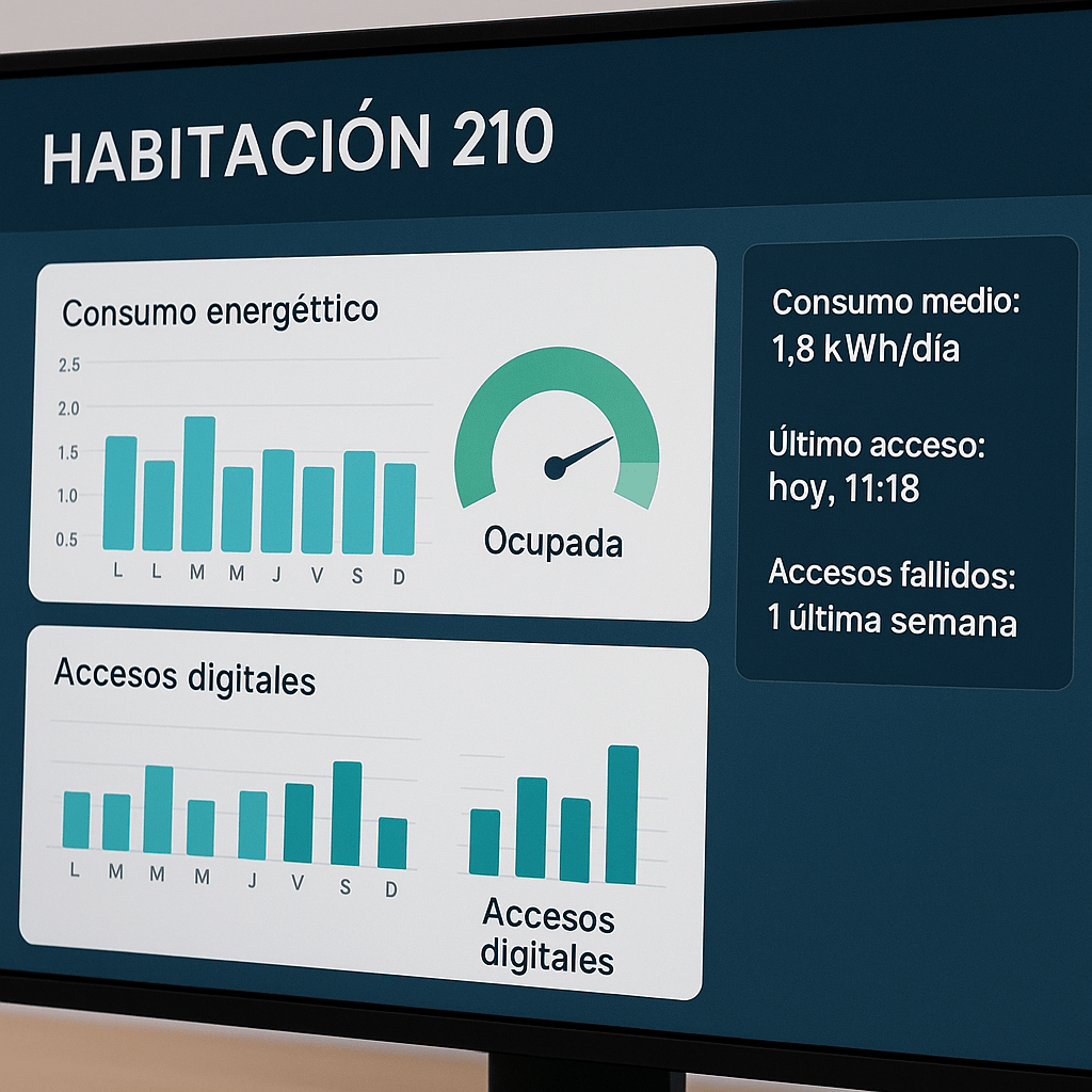 Pantalla con métricas de consumo energético y accesos digitales